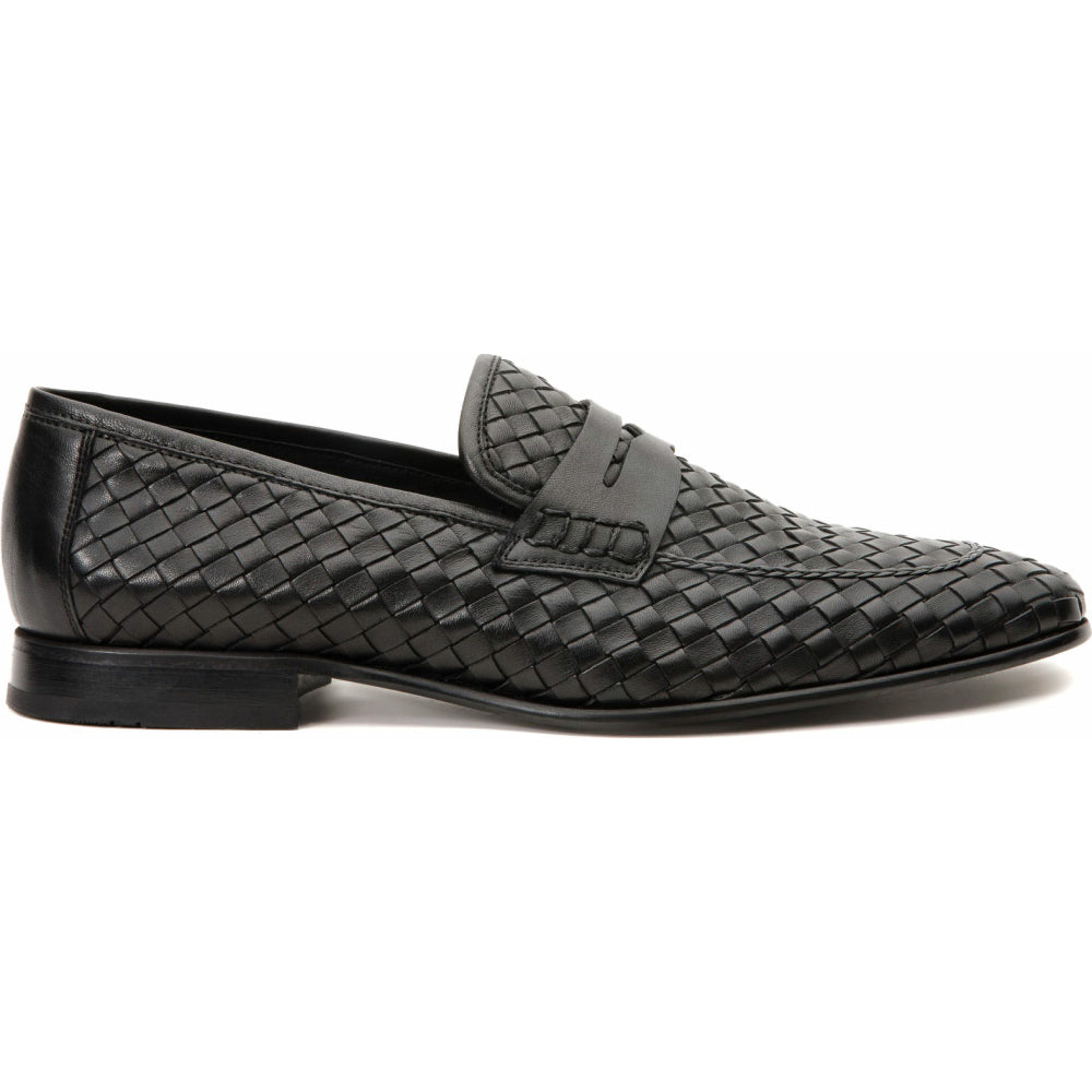 Vinci Leather The Grand Woven Leather Black Shoe Penny Loafer (11060)