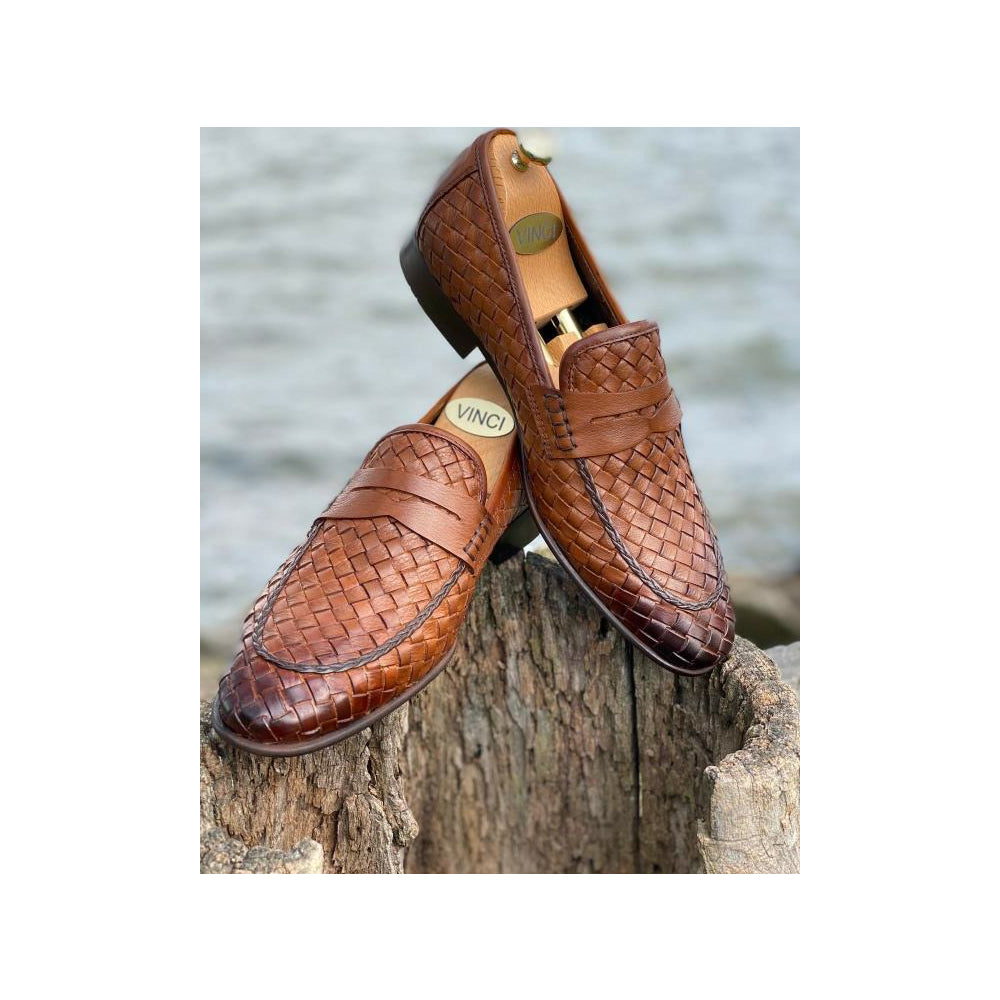 Vinci Leather The Grand Woven Leather Brown Shoe Penny Loafer