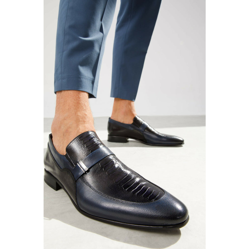 Vinci Leather The Kazablanka Navy Leather Bit Loafer Shoe (10658)