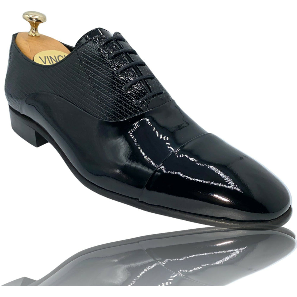Vinci Leather The Lima Black Patent Leather Cap Toe Oxford Shoe (10524)