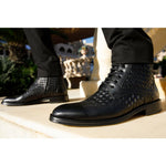 Vinci Leather The Loddon Black Leather Wingtip Brogue Handwoven Lace-up Boot With A Zipper (14553)