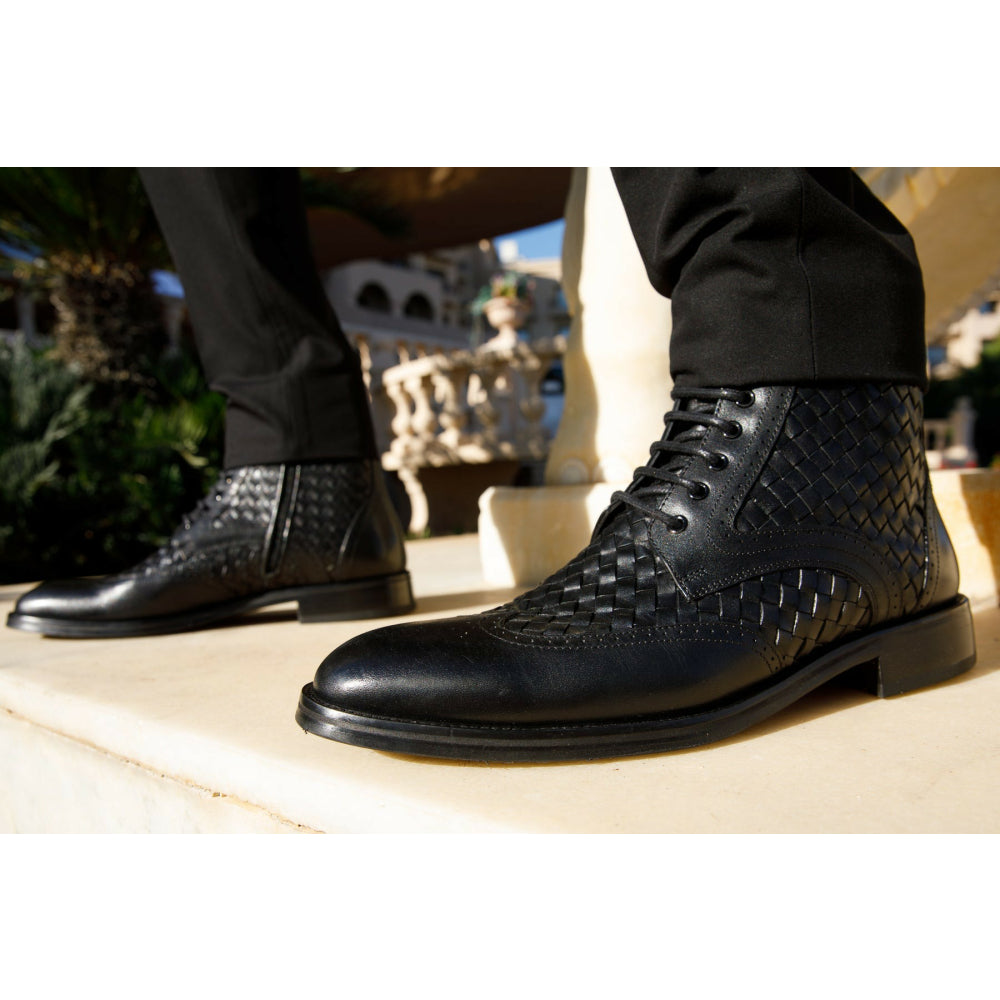 Vinci Leather The Loddon Black Leather Wingtip Brogue Handwoven Lace-up Boot With A Zipper (14553)