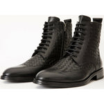 Vinci Leather The Loddon Black Leather Wingtip Brogue Handwoven Lace-up Boot With A Zipper (14553)