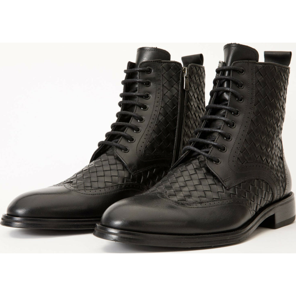 Vinci Leather The Loddon Black Leather Wingtip Brogue Handwoven Lace-up Boot With A Zipper (14553)
