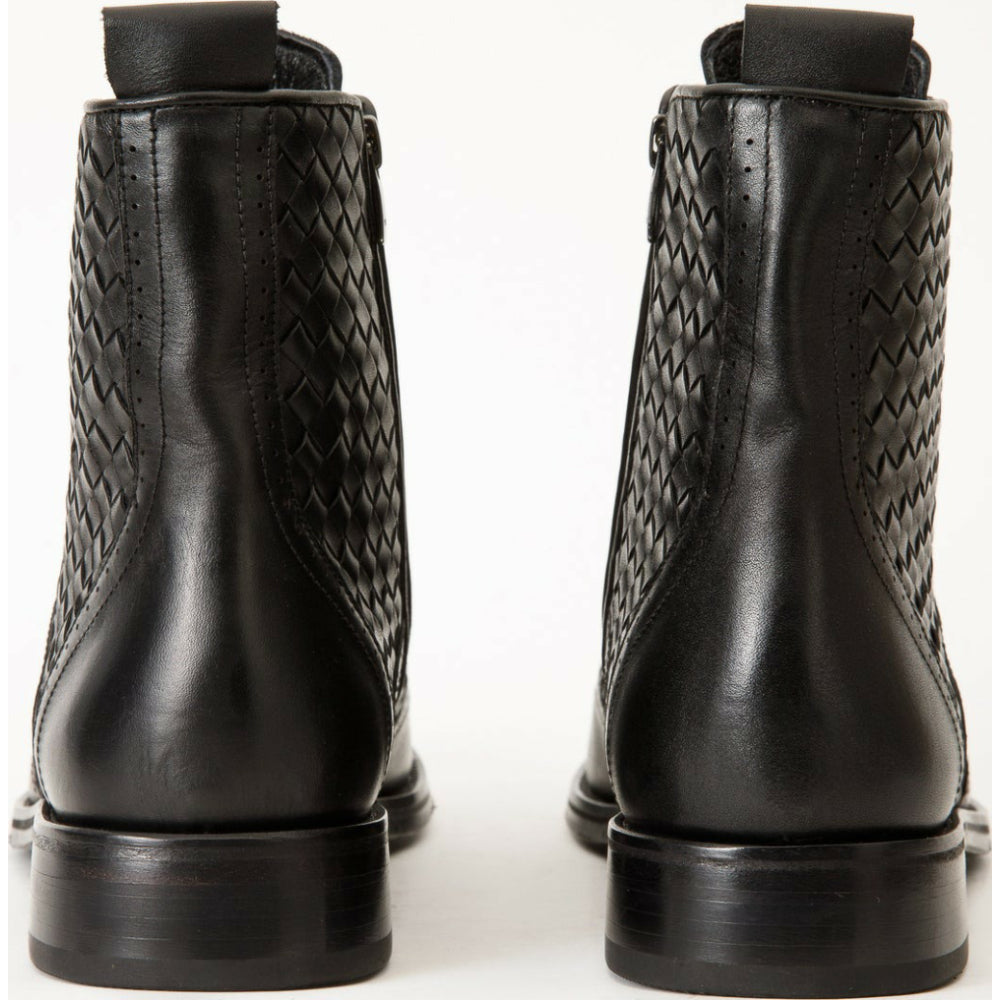 Vinci Leather The Loddon Black Leather Wingtip Brogue Handwoven Lace-up Boot With A Zipper (14553)