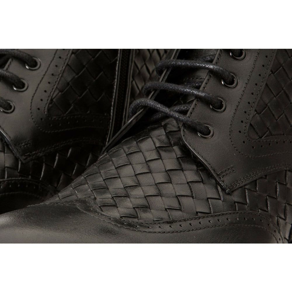 Vinci Leather The Loddon Black Leather Wingtip Brogue Handwoven Lace-up Boot With A Zipper (14553)