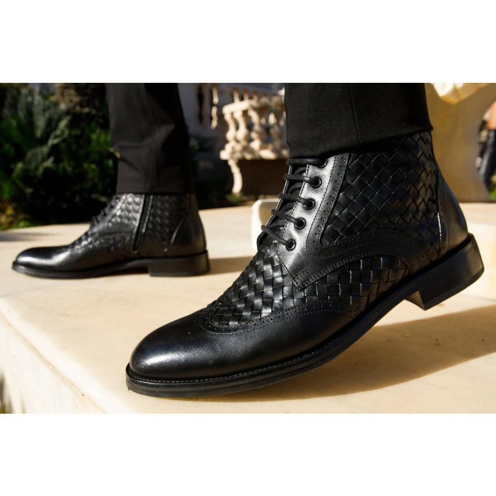 Vinci Leather The Loddon Black Leather Wingtip Brogue Handwoven Lace-up Boot With A Zipper (14553)