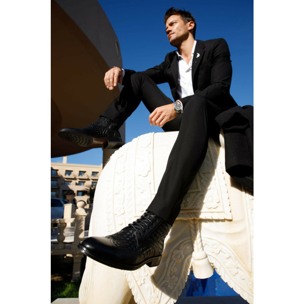 Vinci Leather The Loddon Black Leather Wingtip Brogue Handwoven Lace-up Boot With A Zipper (14553)