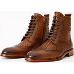 Vinci Leather The Loddon Brown Leather Wingtip Brogue Handwoven Lace-up Boot With A Zipper (14553)