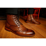 Vinci Leather The Loddon Brown Leather Wingtip Brogue Handwoven Lace-up Boot With A Zipper (14553)