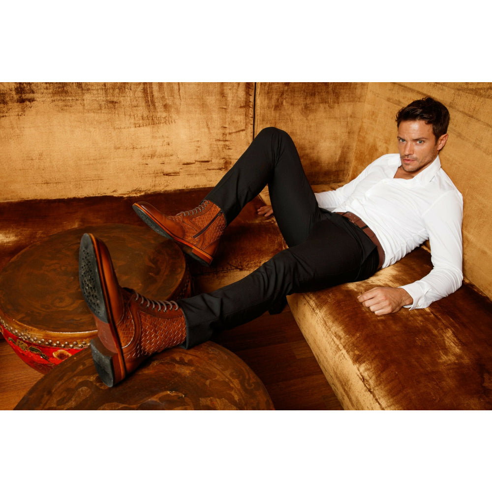 Vinci Leather The Loddon Brown Leather Wingtip Brogue Handwoven Lace-up Boot With A Zipper (14553)