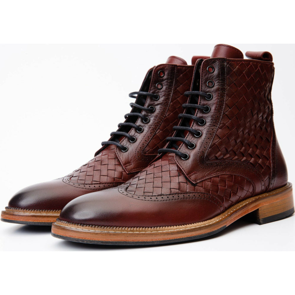 Vinci Leather The Loddon Burgundy Leather Wingtip Brogue Handwoven Lace-up Boot With A Zipper (14553)