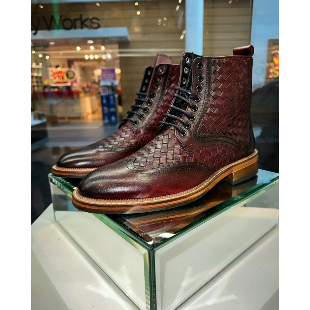 Vinci Leather The Loddon Burgundy Leather Wingtip Brogue Handwoven Lace-up Boot With A Zipper (14553)