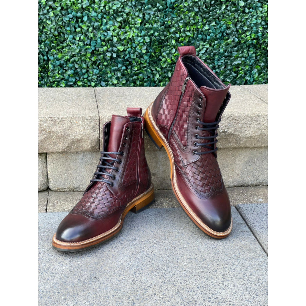 Vinci Leather The Loddon Burgundy Leather Wingtip Brogue Handwoven Lace-up Boot With A Zipper (14553)