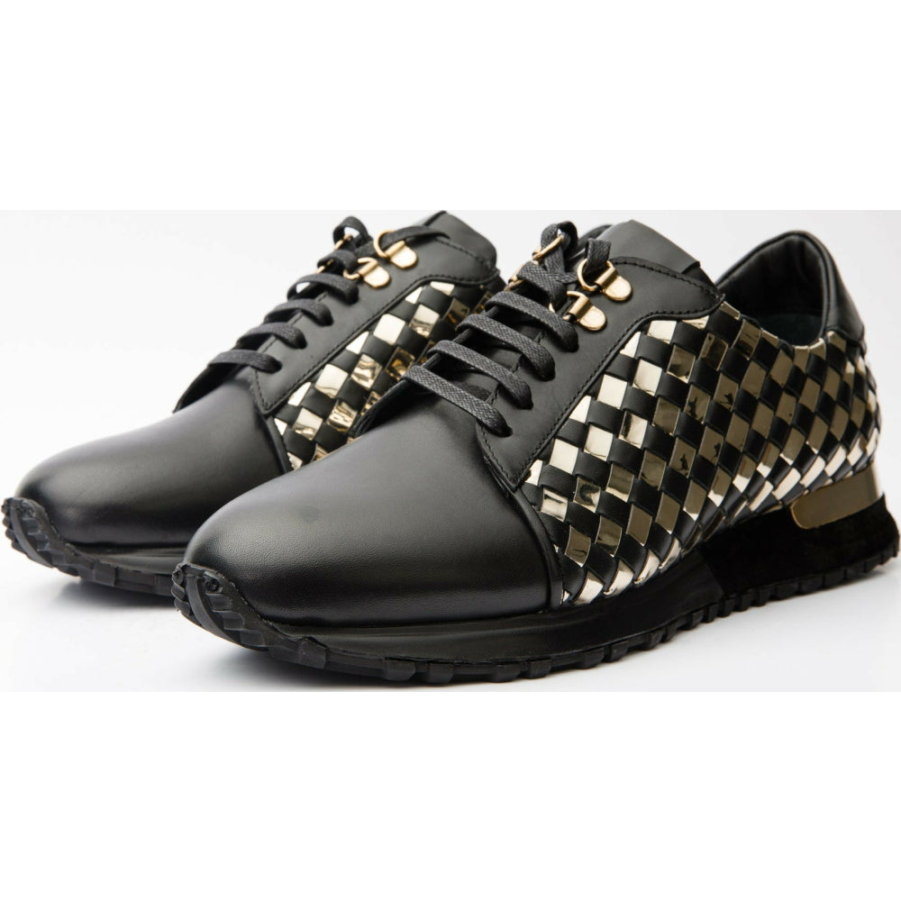 Vinci Leather The Mackenzie Black / Gold Woven Leather Sneaker (D-521)