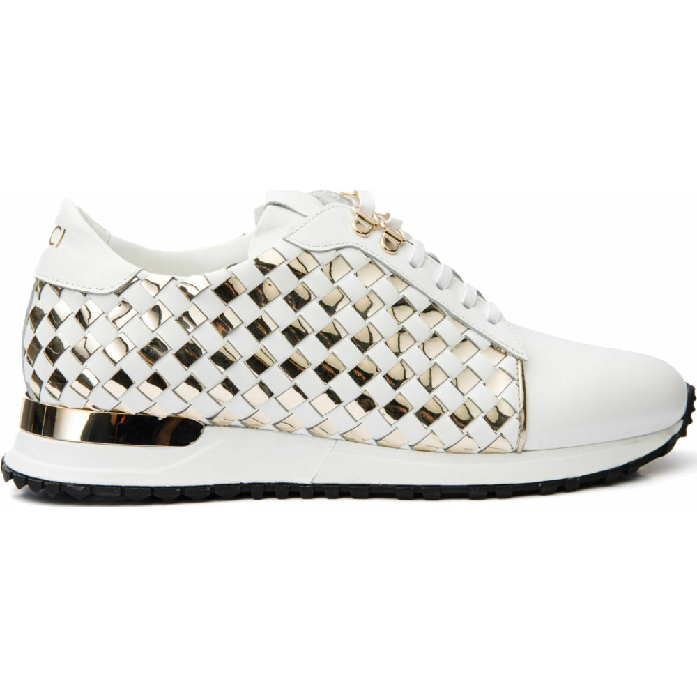 Vinci Leather The Mackenzie White / Gold Woven Leather Sneaker (D-521)