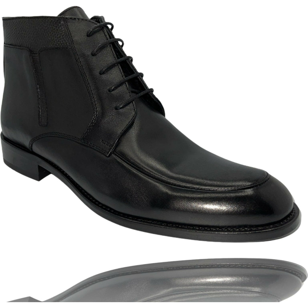 Vinci Leather The Madras Black Leather Dress Lace Up Boot With A Zipper (10708)