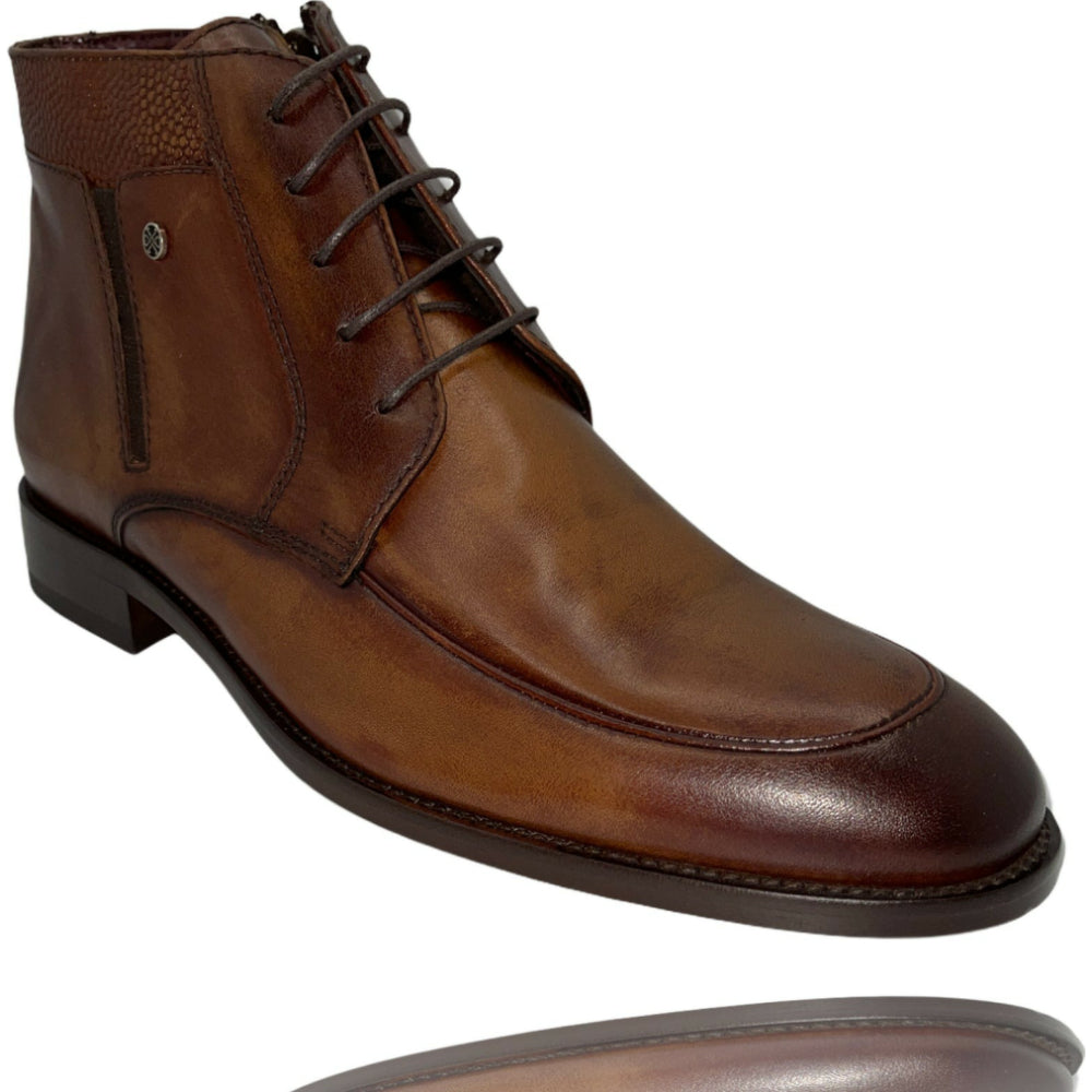 Vinci Leather The Madras Brown Leather Dress Lace Up Boot With A Zipper (10708)