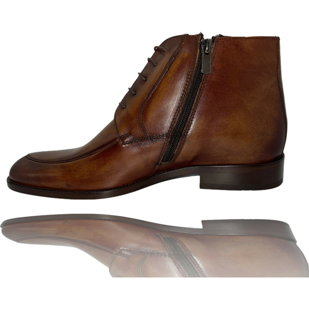 Vinci Leather The Madras Brown Leather Dress Lace Up Boot With A Zipper (10708)