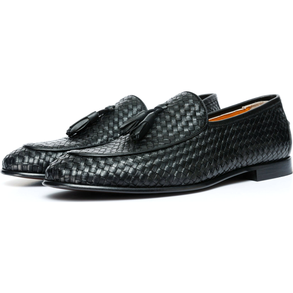 Vinci Leather Woven Tassel Loafer Black
