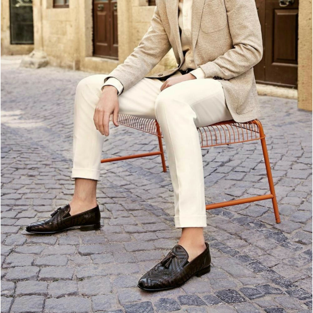 Vinci Leather The Meram Black Leather Tassel Slip-on Loafer Shoe (13169)