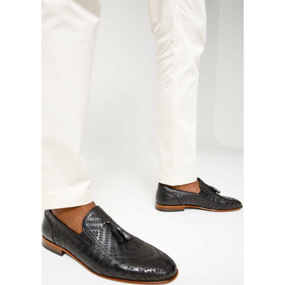 Vinci Leather The Meram Black Leather Tassel Slip-on Loafer Shoe (13169)