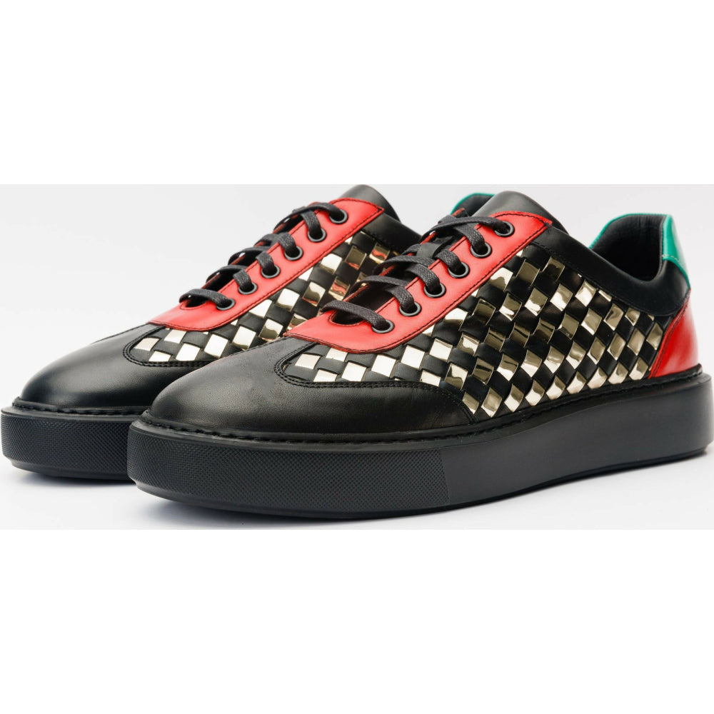 Vinci Leather The Messina Black / Gold Woven Leather Sneaker For Men (8022)