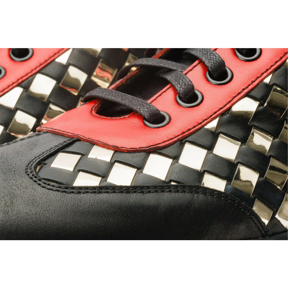 Vinci Leather The Messina Black / Gold Woven Leather Sneaker For Men (8022)