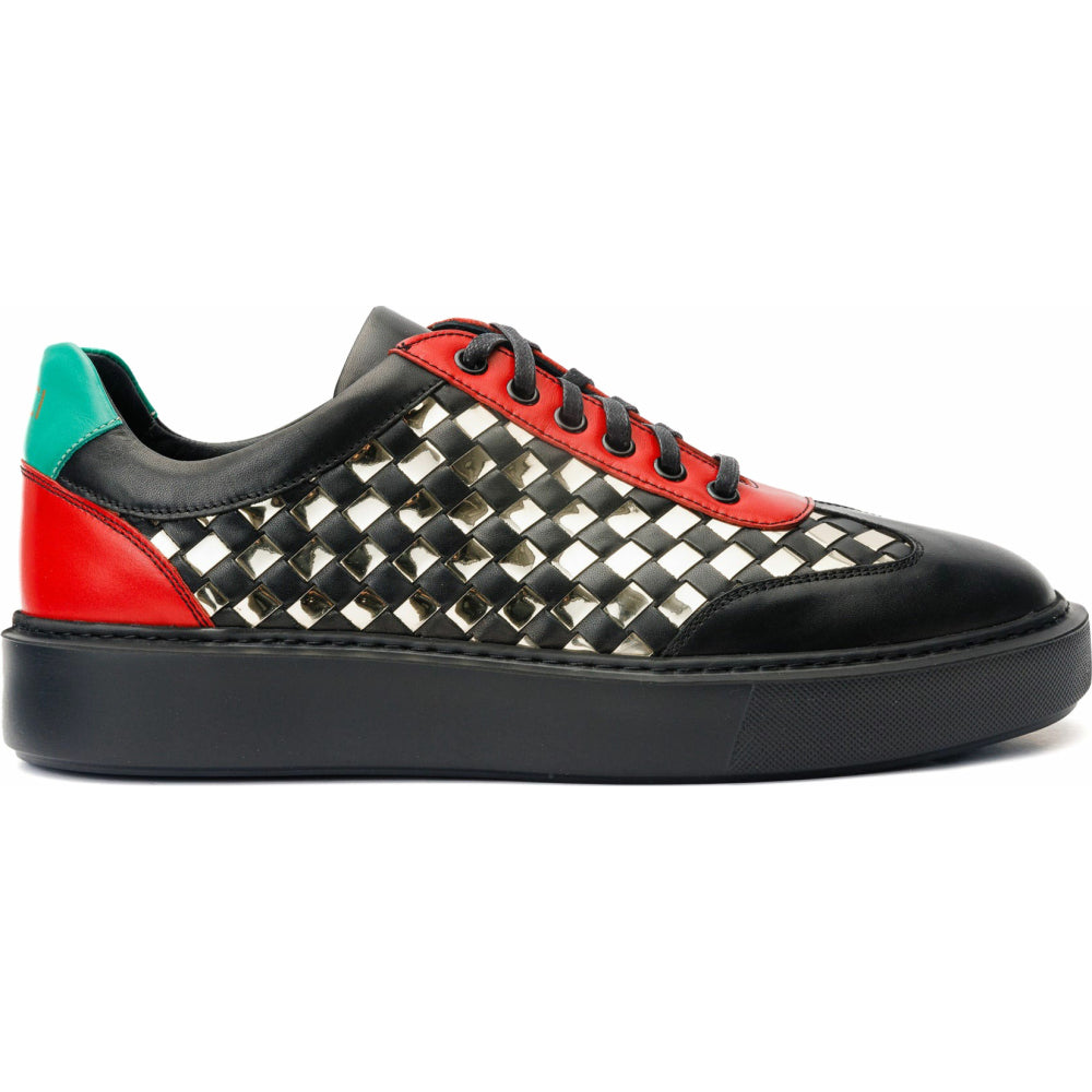 Vinci Leather The Messina Black / Gold Woven Leather Sneaker For Men (8022)