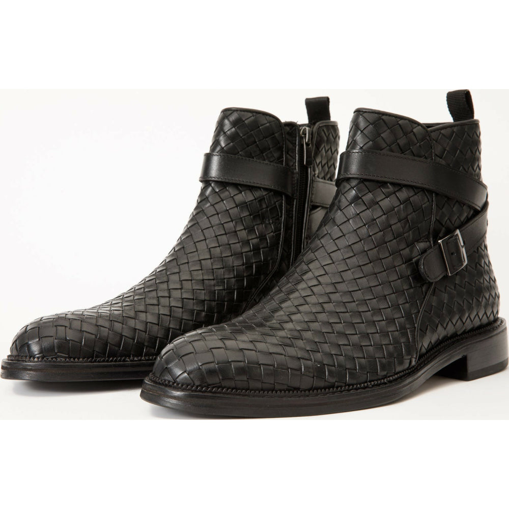 Vinci Leather The Morral Black Handwoven Leather Cross Strap Buckle Zip-up Boot (14552 S)