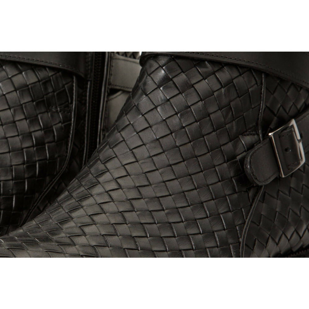 Vinci Leather The Morral Black Handwoven Leather Cross Strap Buckle Zip-up Boot (14552 S)