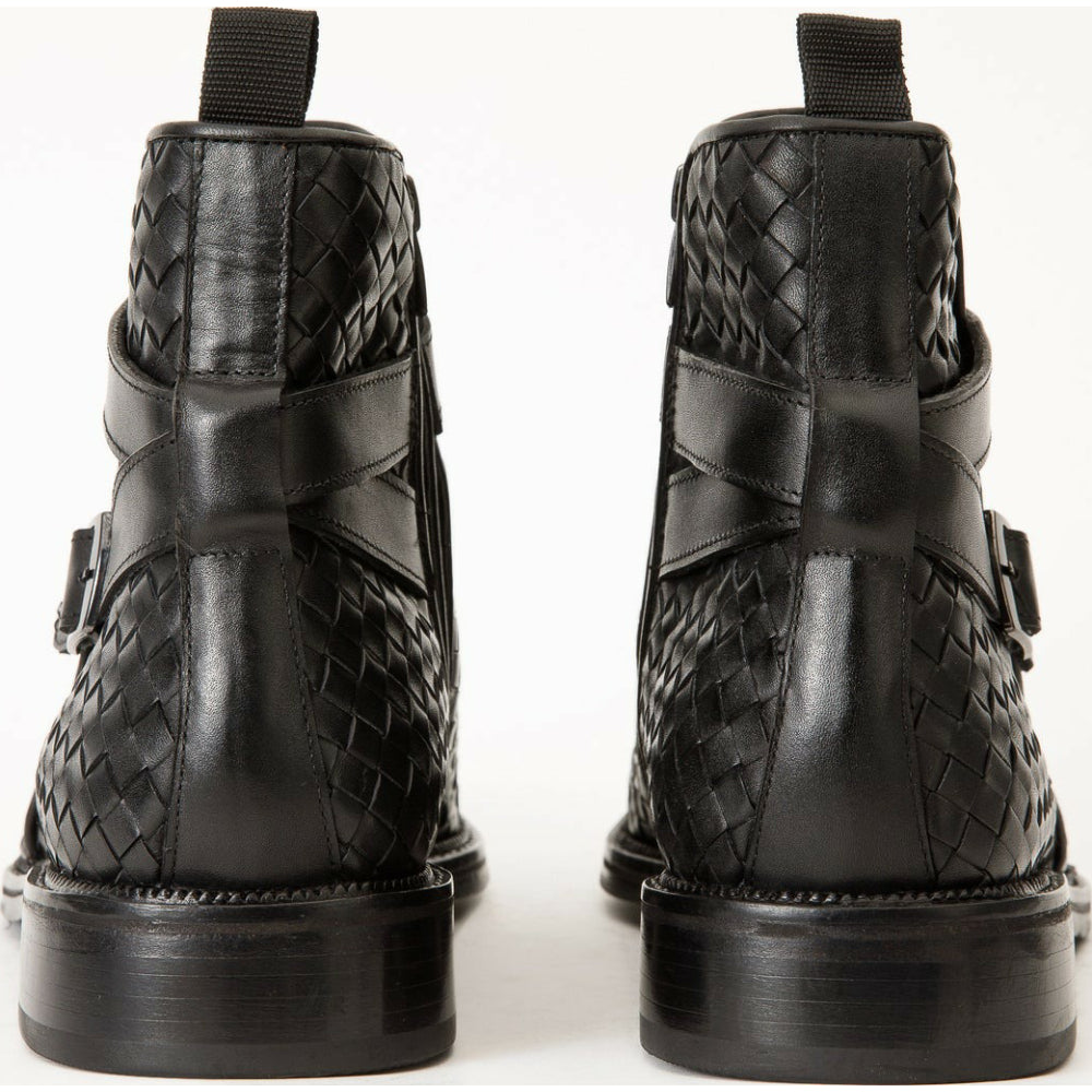 Vinci Leather The Morral Black Handwoven Leather Cross Strap Buckle Zip-up Boot (14552 S)