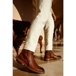 Vinci Leather The Morral Brown Handwoven Leather Cross Strap Buckle Zip-up Boot (14552 T-2)