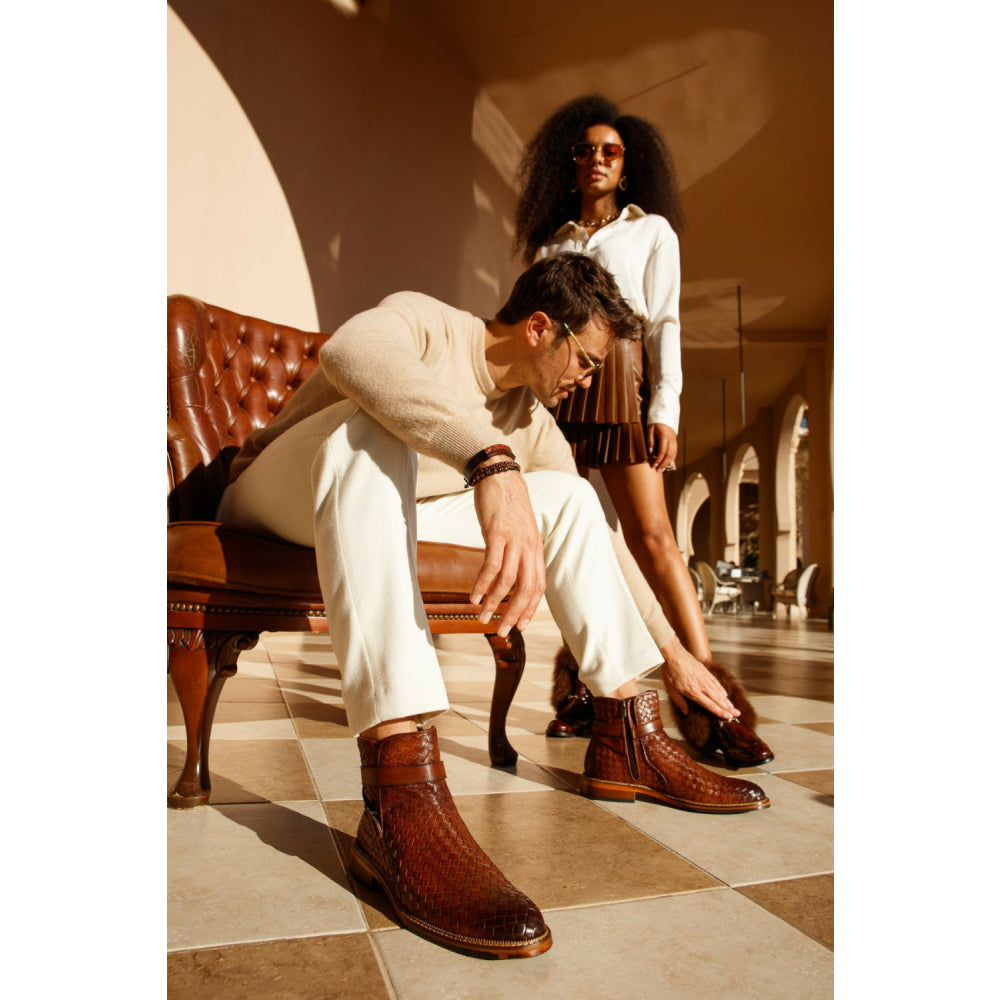 Vinci Leather The Morral Brown Handwoven Leather Cross Strap Buckle Zip-up Boot (14552 T-2)