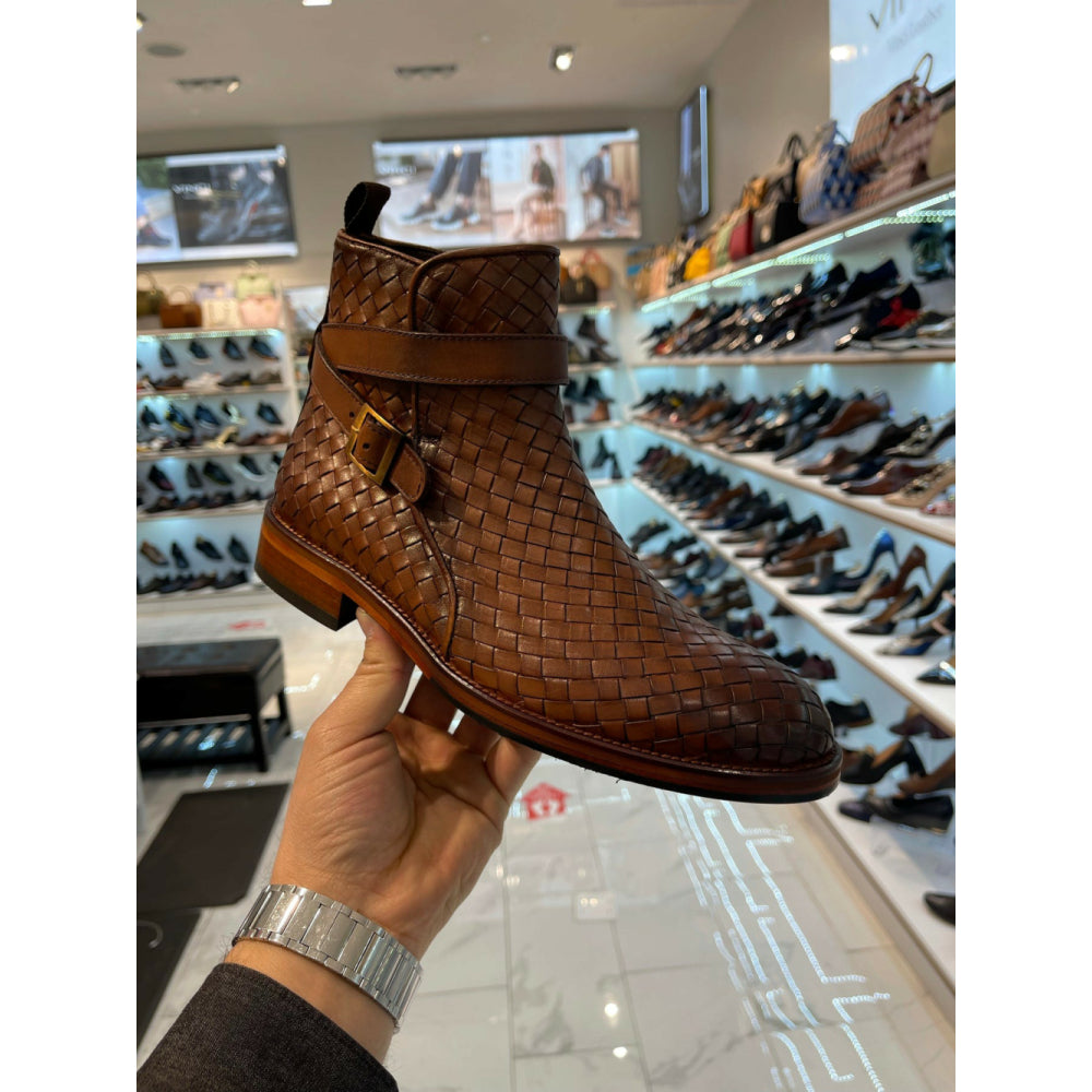 Vinci Leather The Morral Brown Handwoven Leather Cross Strap Buckle Zip-up Boot (14552 T-2)