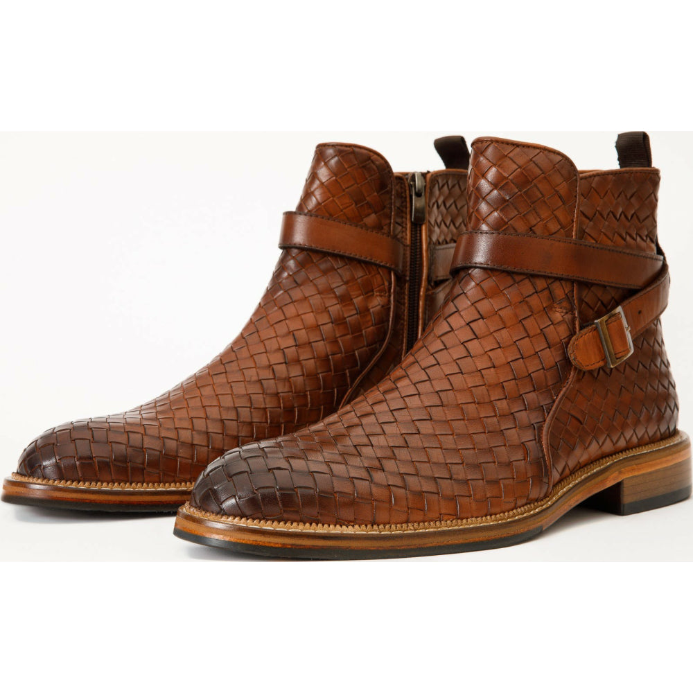 Vinci Leather The Morral Brown Handwoven Leather Cross Strap Buckle Zip-up Boot (14552 T-2)