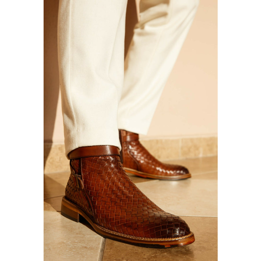 Vinci Leather The Morral Brown Handwoven Leather Cross Strap Buckle Zip-up Boot (14552 T-2)