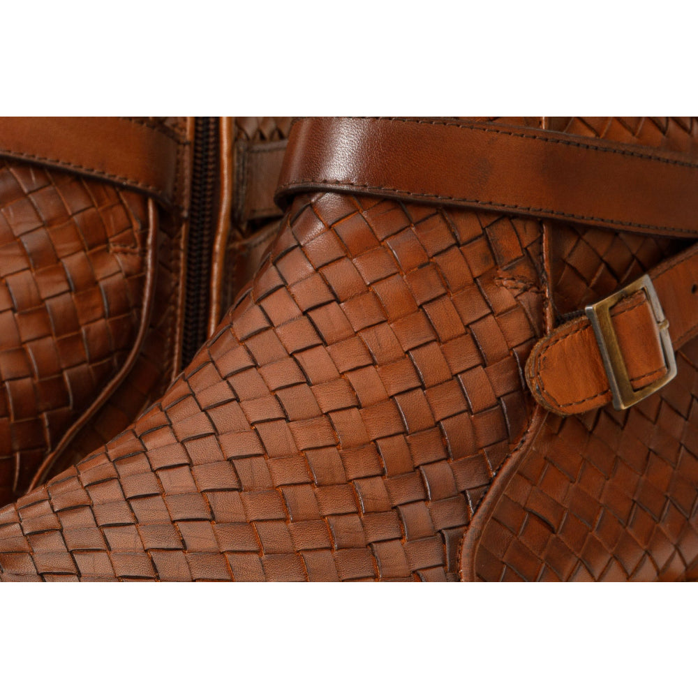 Vinci Leather The Morral Brown Handwoven Leather Cross Strap Buckle Zip-up Boot (14552 T-2)