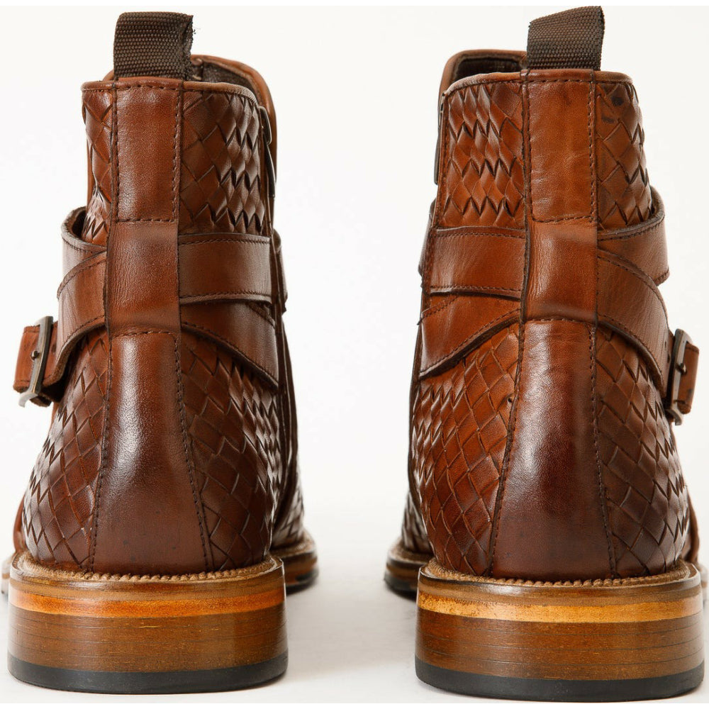 Vinci Leather The Morral Brown Handwoven Leather Cross Strap Buckle Zip-up Boot (14552 T-2)