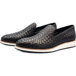Vinci Leather The Ostrava Black Leather Woven Slip-on Loafer Shoe (12603)
