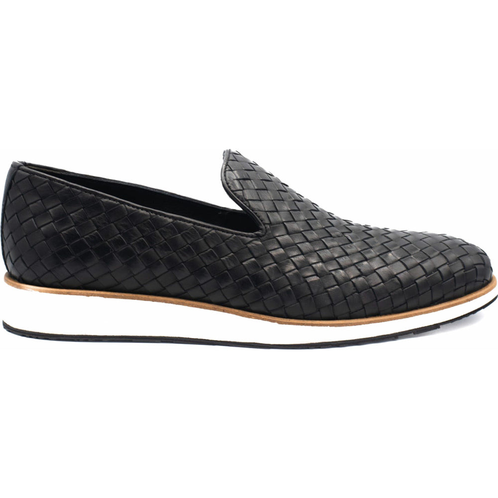 Vinci Leather The Ostrava Black Leather Woven Slip-on Loafer Shoe (12603)