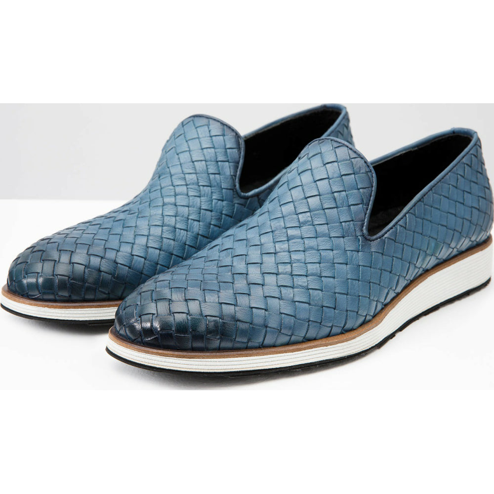 Vinci Leather The Ostrava Blue Leather Woven Slip-on Loafer Shoe (12603)