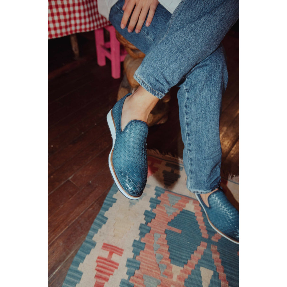 Vinci Leather The Ostrava Blue Leather Woven Slip-on Loafer Shoe (12603)