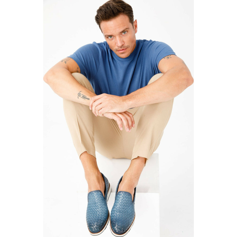 Vinci Leather The Ostrava Blue Leather Woven Slip-on Loafer Shoe (12603)