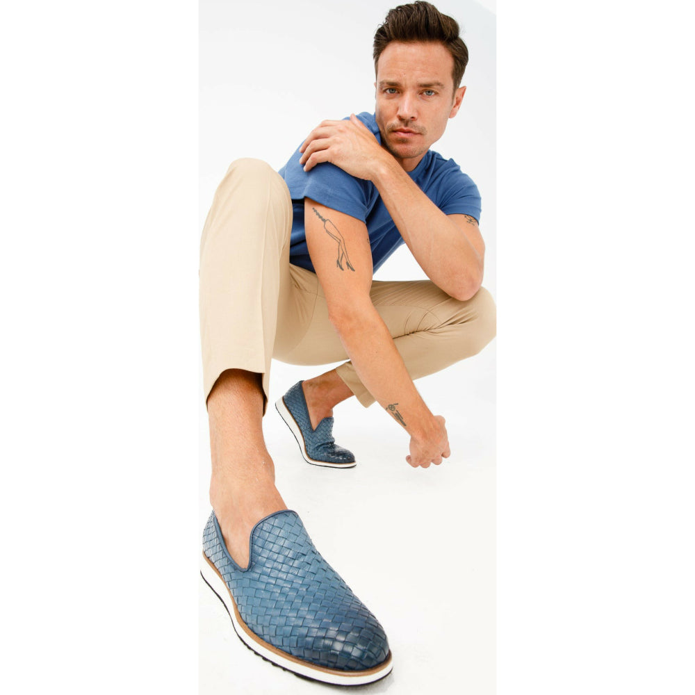 Vinci Leather The Ostrava Blue Leather Woven Slip-on Loafer Shoe (12603)
