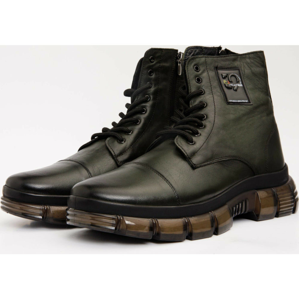 Vinci Leather The Ottova Green Leather Lace-up Sneaker Boot With A Zipper (14022)