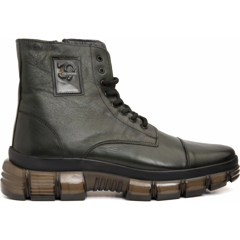 Vinci Leather The Ottova Green Leather Lace-up Sneaker Boot With A Zipper (14022)