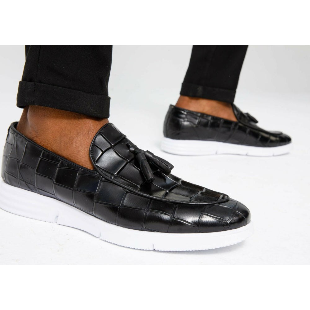 Vinci Leather The Parga Black Leather Tassel Casual Loafer (15285)