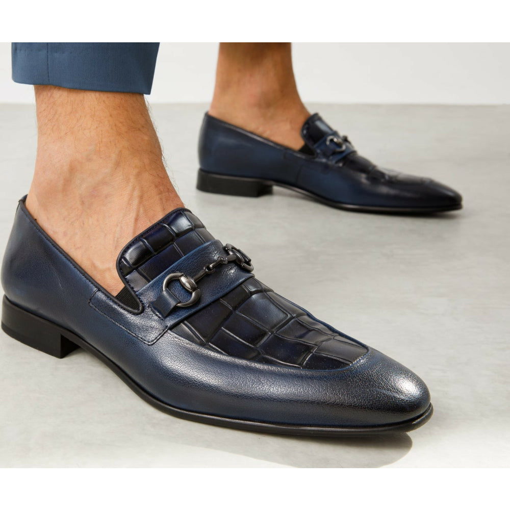 Vinci Leather The Pusan Navy Blue Leather Bit Loafer Shoe (10721)