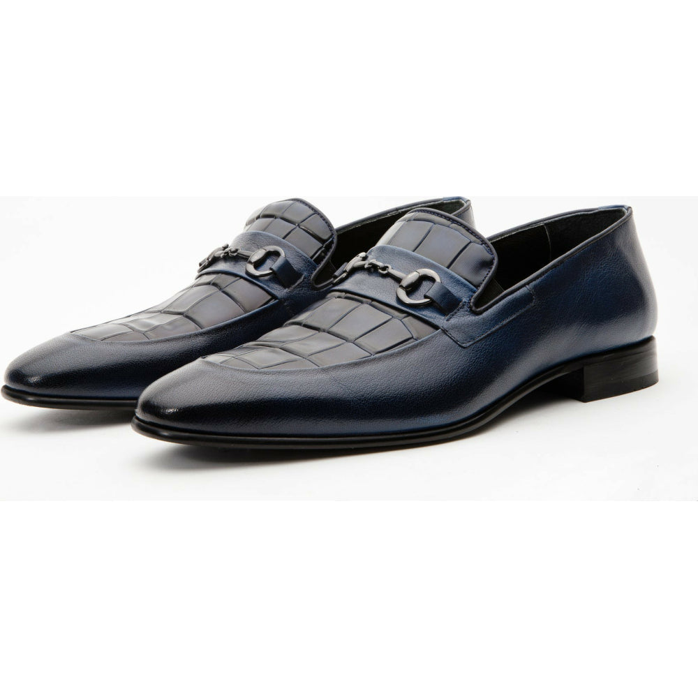 Vinci Leather The Pusan Navy Blue Leather Bit Loafer Shoe (10721)